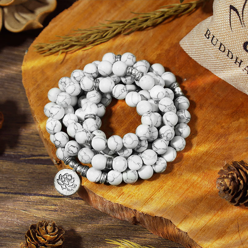 Fortune Jewel White Turquoise Lotus Mala Healing Bracelet