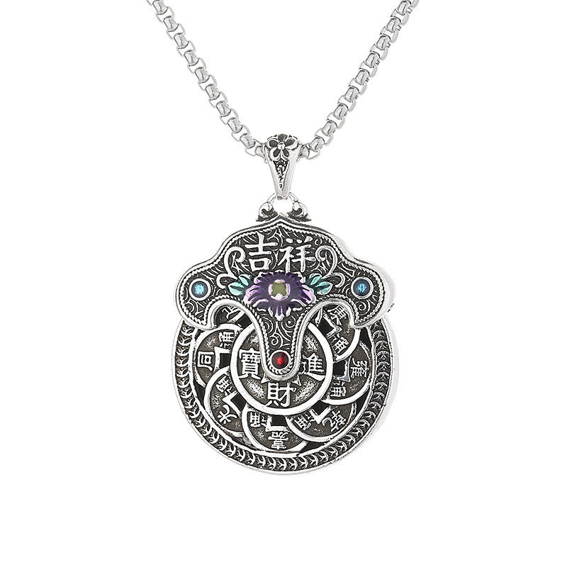 Fortune Jewel Peony Flower Copper Coins Wealth Necklace Pendant