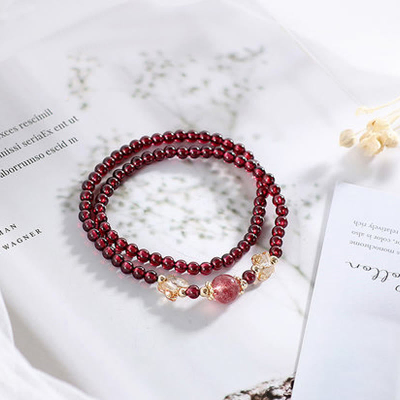 Fortune Jewel 14K Gold Plated Natural Garnet Strawberry Quartz Butterfly Protection Double Wrap Bracelet