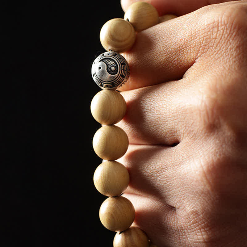 Fortune Jewel Tibet Peach Wood Lotus Cinnabar Bagua Yin Yang Luck Wealth Bracelet