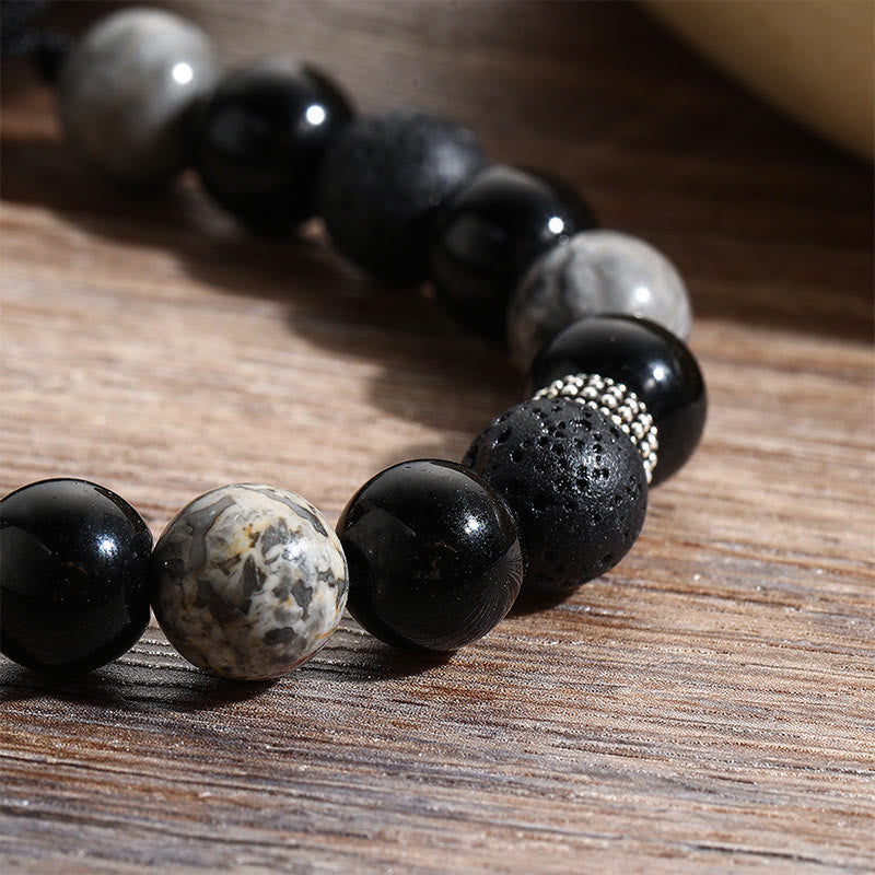 Fortune Jewel Vintage Lava Rock Black Obsidian Picasso Jasper Beads Support Rope Bracelet