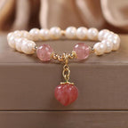 Fortune Jewel Natural Pearl Strawberry Quartz Peach Love Heart Wisdom Charm Bracelet