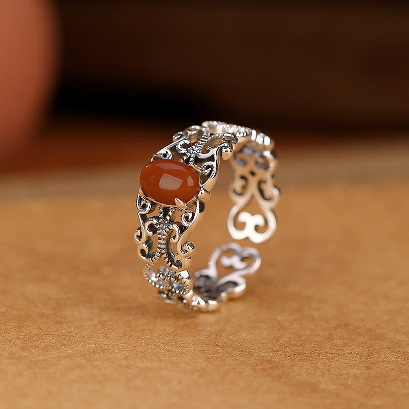 Fortune Jewel 925 Sterling Silver Vintage Red Agate Self-acceptance Calm Ring
