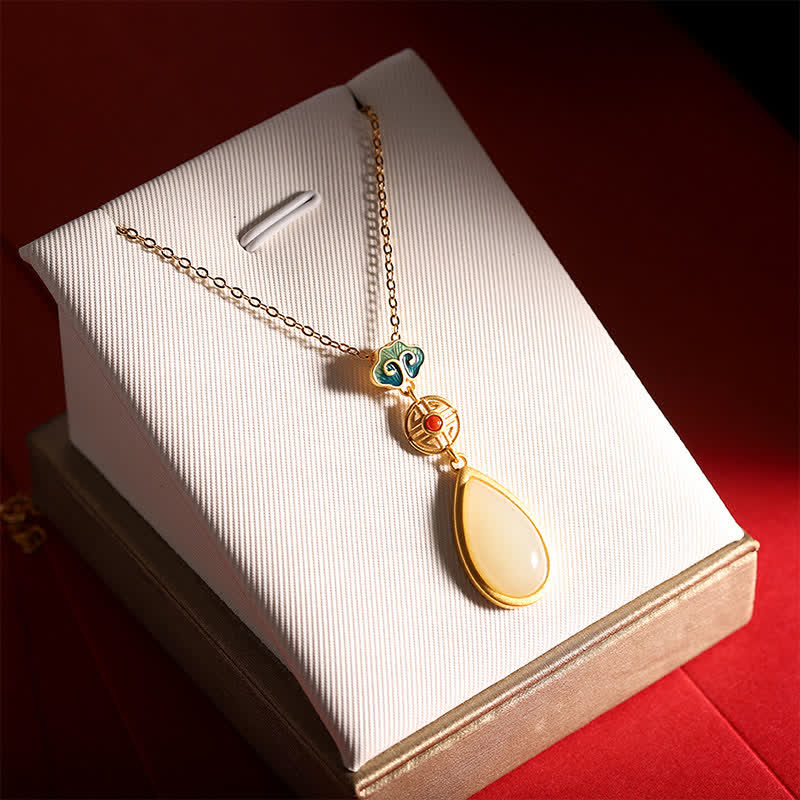 Fortune Jewel 925 Sterling Silver Hetian White Jade Water Drop Chain Necklace Pendant Bracelet