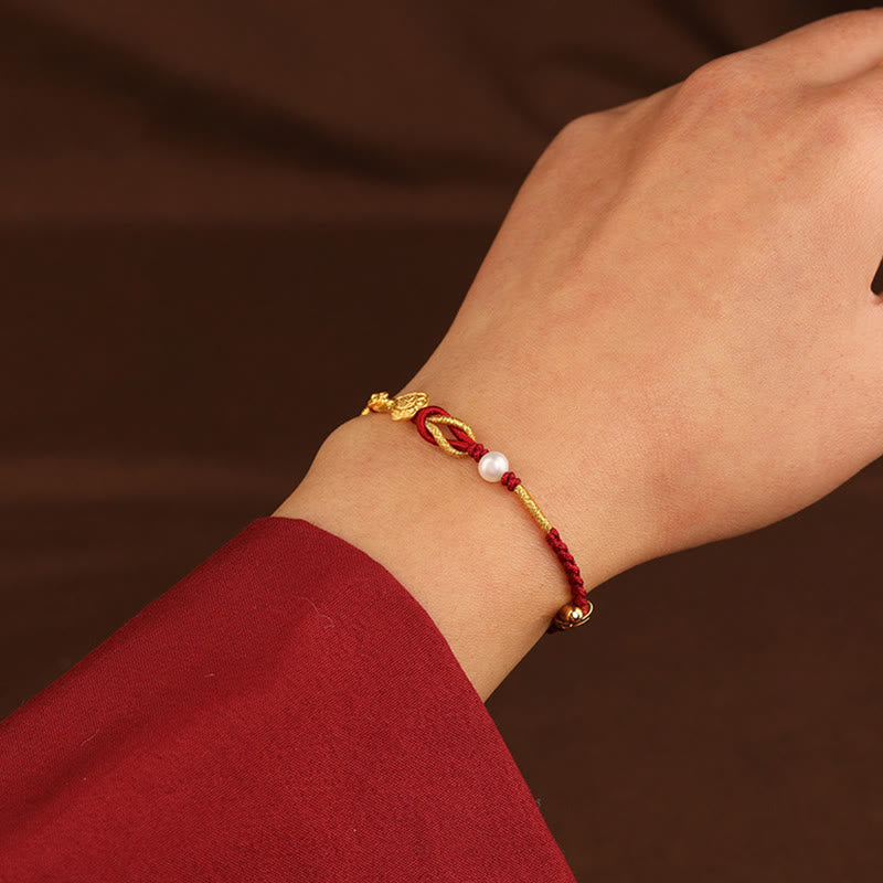 Fortune Jewel 24K Gold Wish Ruyi Handle Fu Character Rabbit Pearl Luck Braided Bracelet