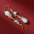 Fortune Jewel Magnolia Flower Jade Pattern Luck Prosperity Drop Dangle Earrings