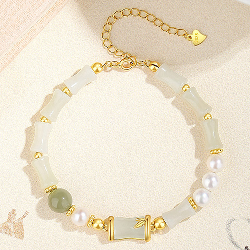 Fortune Jewel 925 Sterling Silver Natural Hetian White Jade Bamboo Luck Blessing Bracelet