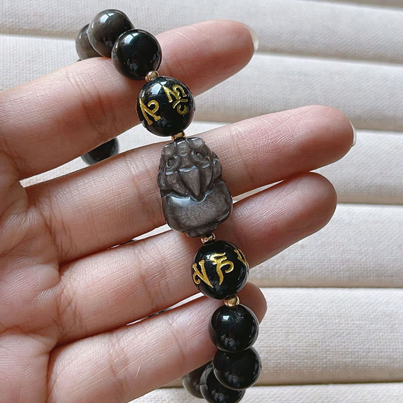 Fortune Jewel Natural Silver Sheen Obsidian Black Obsidian Om Mani Padme Hum Pixiu Protection Bracelet