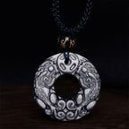 Fortune Jewel Natural Silver Sheen Obsidian Double PiXiu Copper Coin Peace Buckle Protection Necklace Pendant
