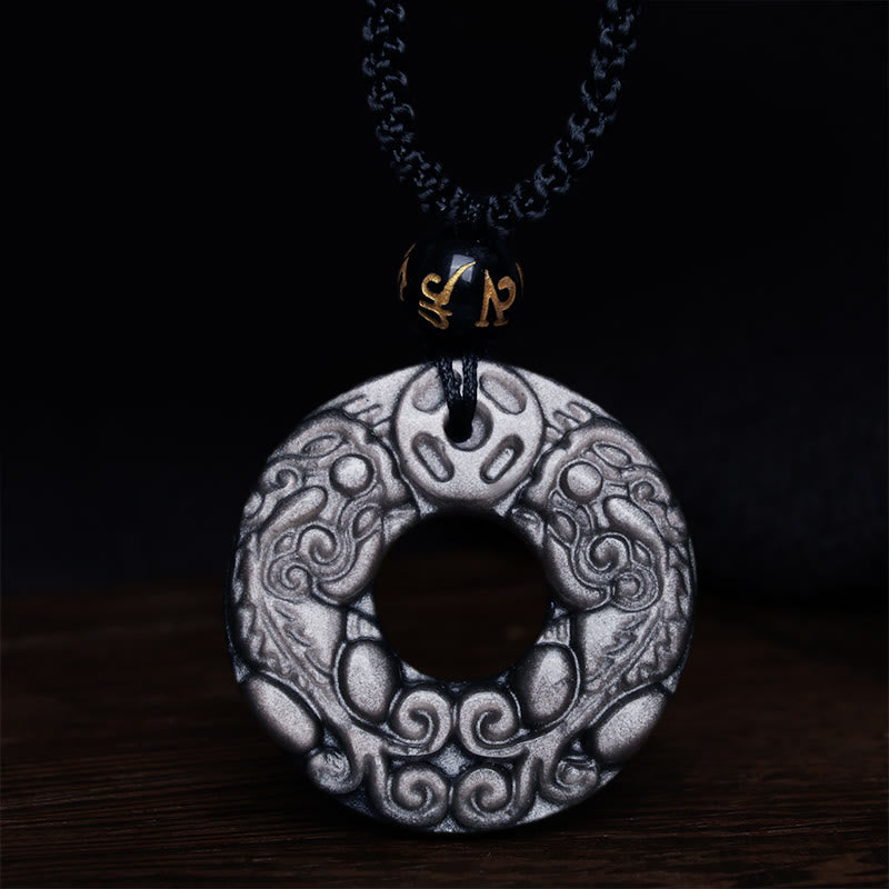 Fortune Jewel Natural Silver Sheen Obsidian Double PiXiu Copper Coin Peace Buckle Protection Necklace Pendant