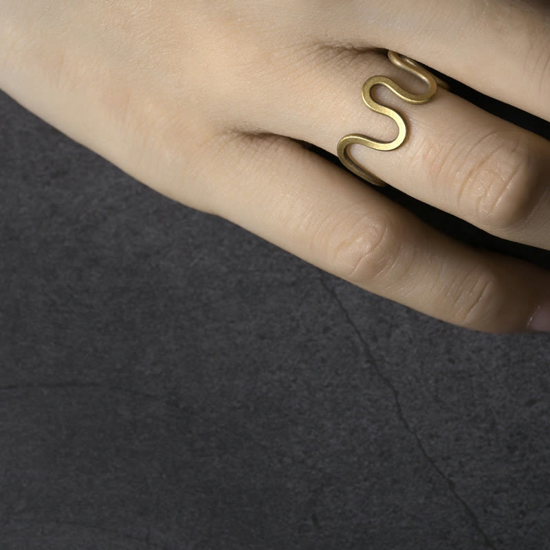 Fortune Jewel Simple Curved Brass Design Copper Luck Wealth Adjustable Ring