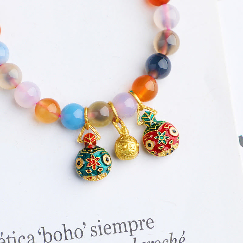 Fortune Jewel Colorful Candy Agate Gold Swallowing Beast Family Peach Harmony Charm Bracelet
