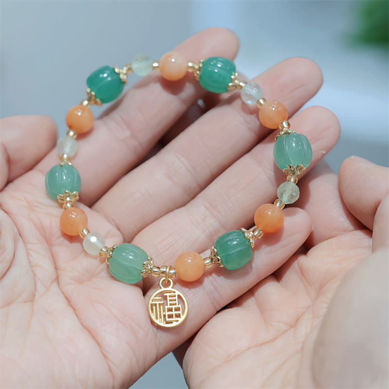 Fortune Jewel Natural Golden Silk Jade Pumpkin Bead Fu Character Charm Wealth Bracelet