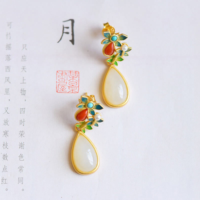 Fortune Jewel Water Drop White Jade Red Agate Butterfly Protection Drop Dangle Earrings