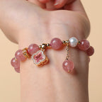 Fortune Jewel Strawberry Quartz Pearl Four Leaf Clover Charm Healing Bracelet