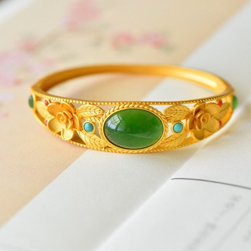 Fortune Jewel Cyan Jade White Jade Flower Leaf Harmony Luck Bracelet Bangle