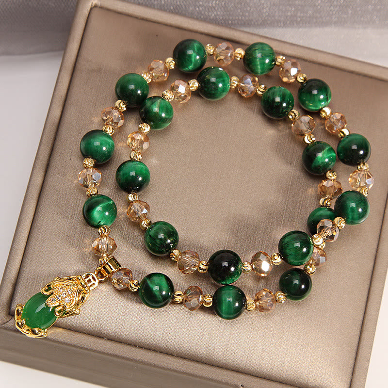 Fortune Jewel Tiger Eye Pixiu Fox Money Bag Protection Self Confidence Double Wrap Bracelet