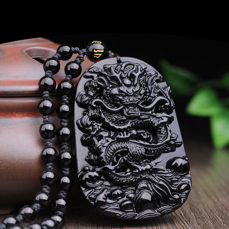 Fortune Jewel Black Obsidian Stone Dragon Fulfilment Pendant Necklace