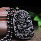 Fortune Jewel Black Obsidian Stone Dragon Fulfilment Pendant Necklace