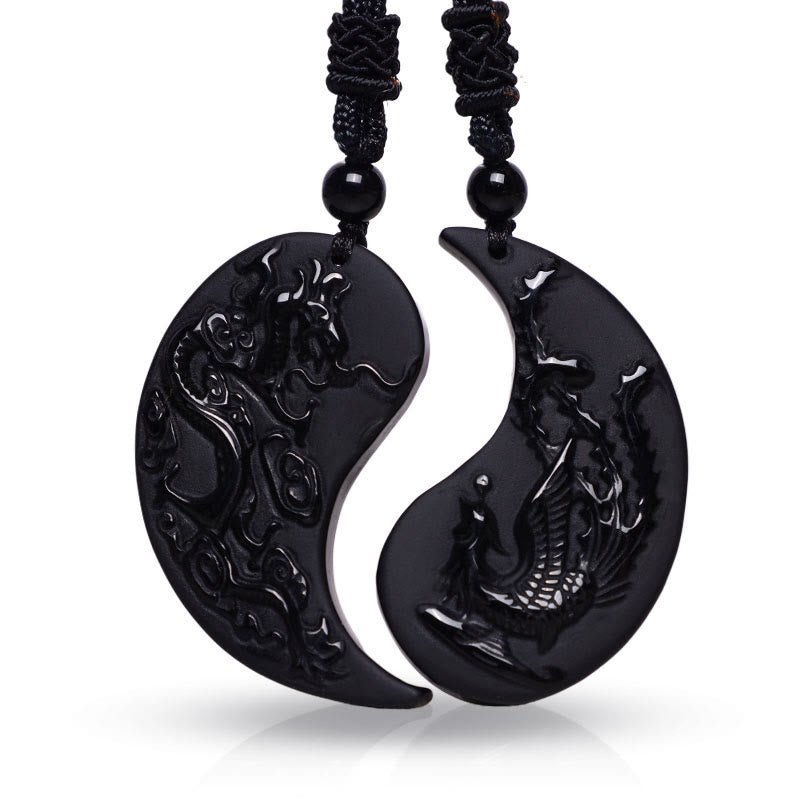 Fortune Jewel Black Obsidian Yin Yang Dragon Phoenix Luck Necklace Pendant