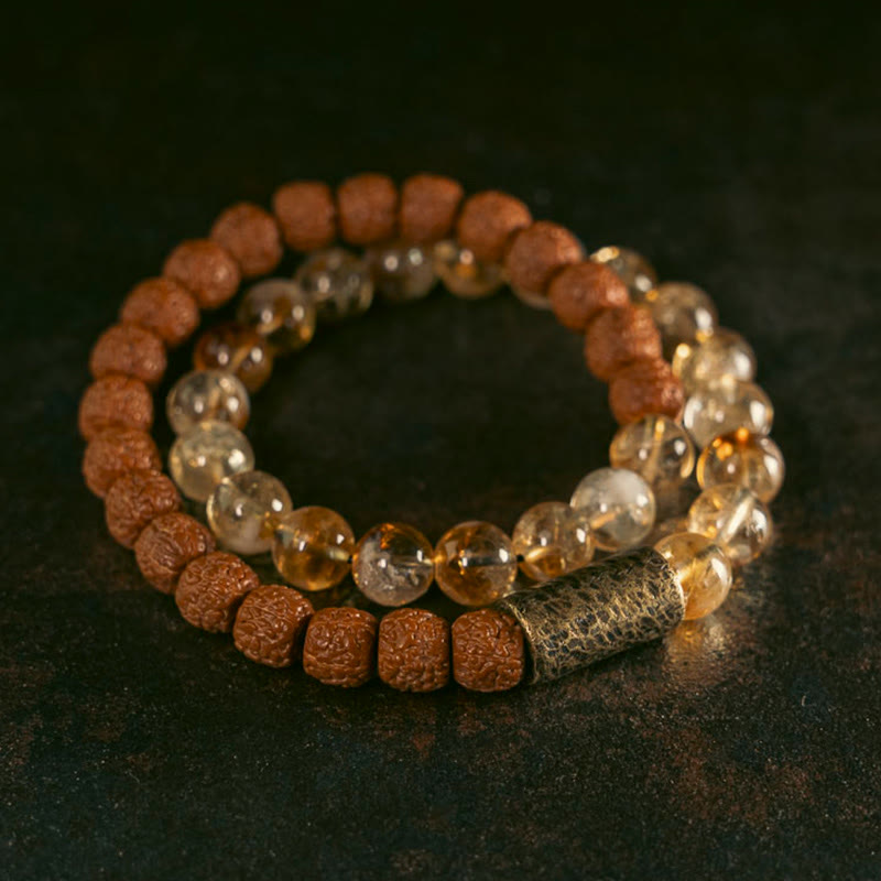 Fortune Jewel Natural Citrine Crystal Rudraksha Bodhi Seed Brass Bead Prosperity Double Wrap Bracelet