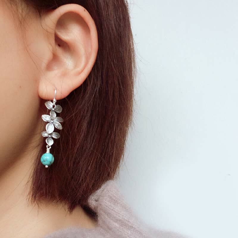 Fortune Jewel 925 Sterling Silver Turquoise Lazurite Flower Leaf Serenity Protection Hook Drop Dangle Earrings