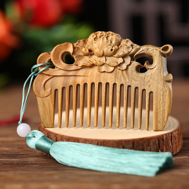 Fortune Jewel Green Sandalwood Fox Peony Flower Lotus Engraved Cure Tassel Comb Fortune Jewel
