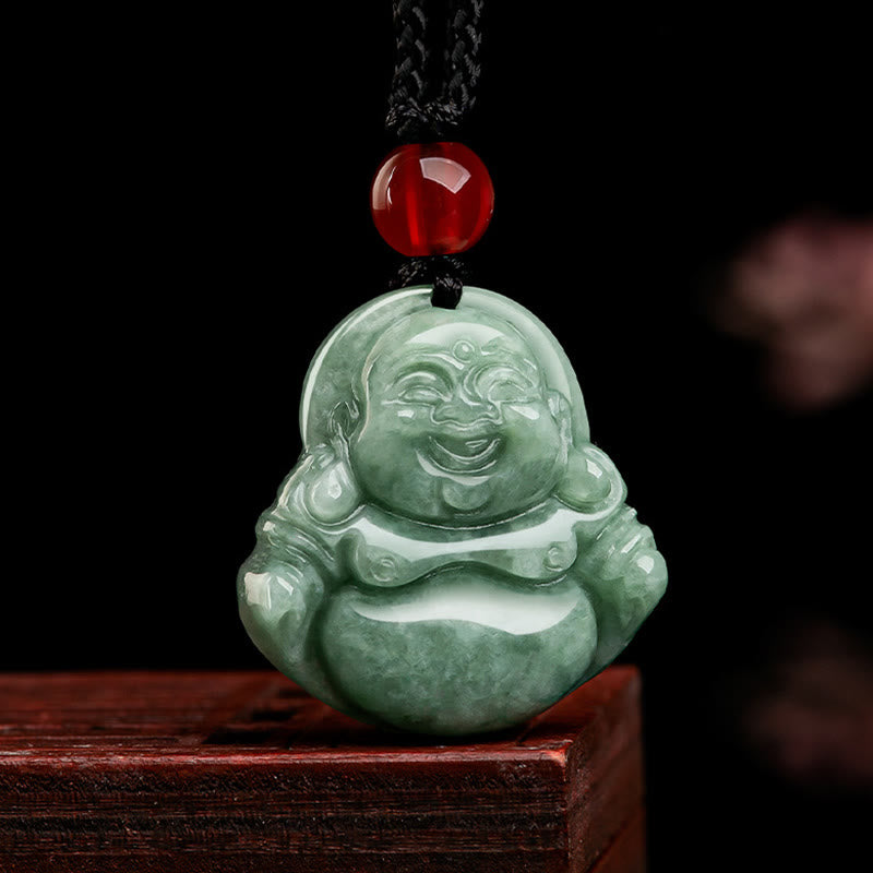 Fortune Jewel Natural Green Jade Laughing Buddha Luck Abundance Necklace Pendant Fortune Jewel