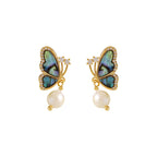 Fortune Jewel 18K Gold Plated Copper Pearl Butterfly Love Stud Earrings
