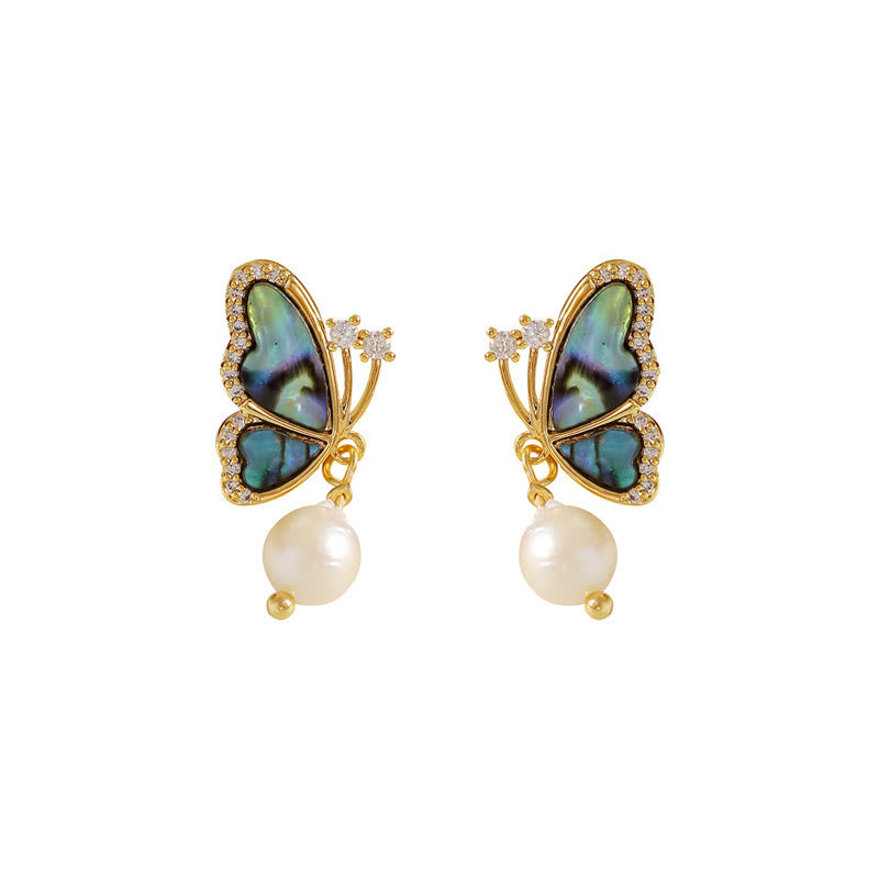Fortune Jewel 18K Gold Plated Copper Pearl Butterfly Love Stud Earrings