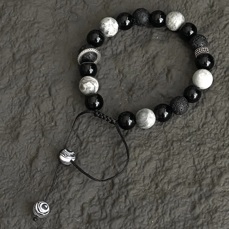 Fortune Jewel Vintage Lava Rock Black Obsidian Picasso Jasper Beads Support Rope Bracelet