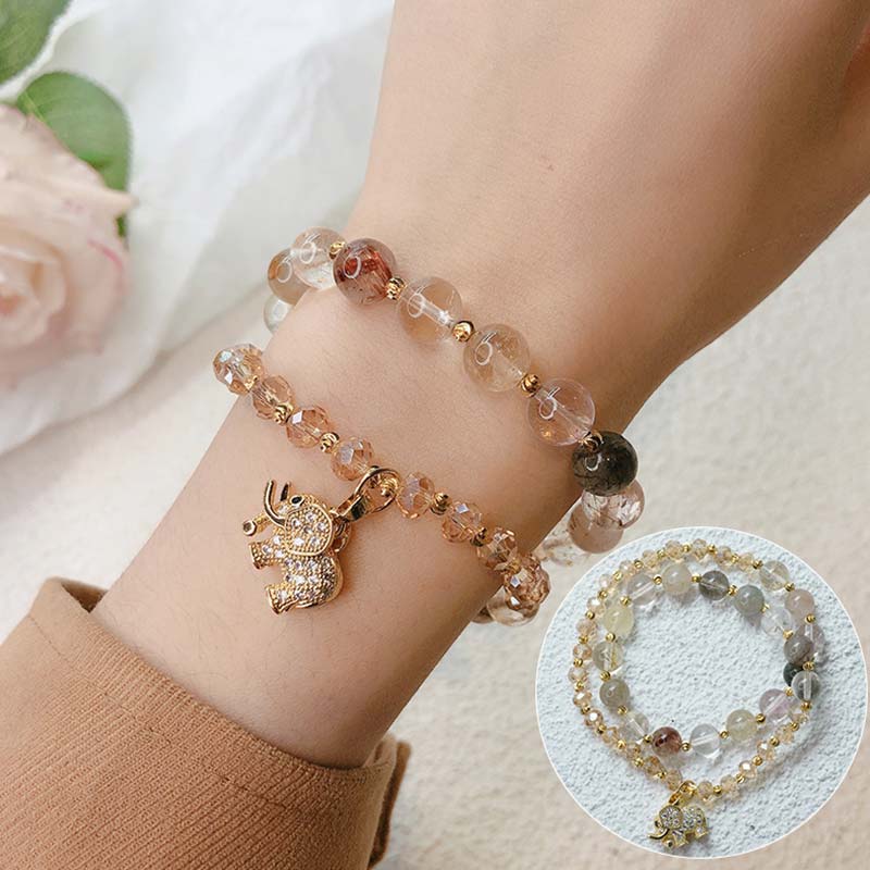 Fortune Jewel Rose Quartz Elephant Healing Energy Charm Bracelet