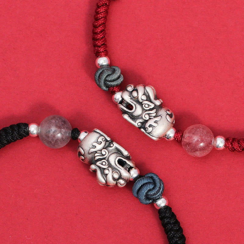 Fortune Jewel 999 Sterling Silver PiXiu Strawberry Quartz Bead Wealth Luck Braided Bracelet
