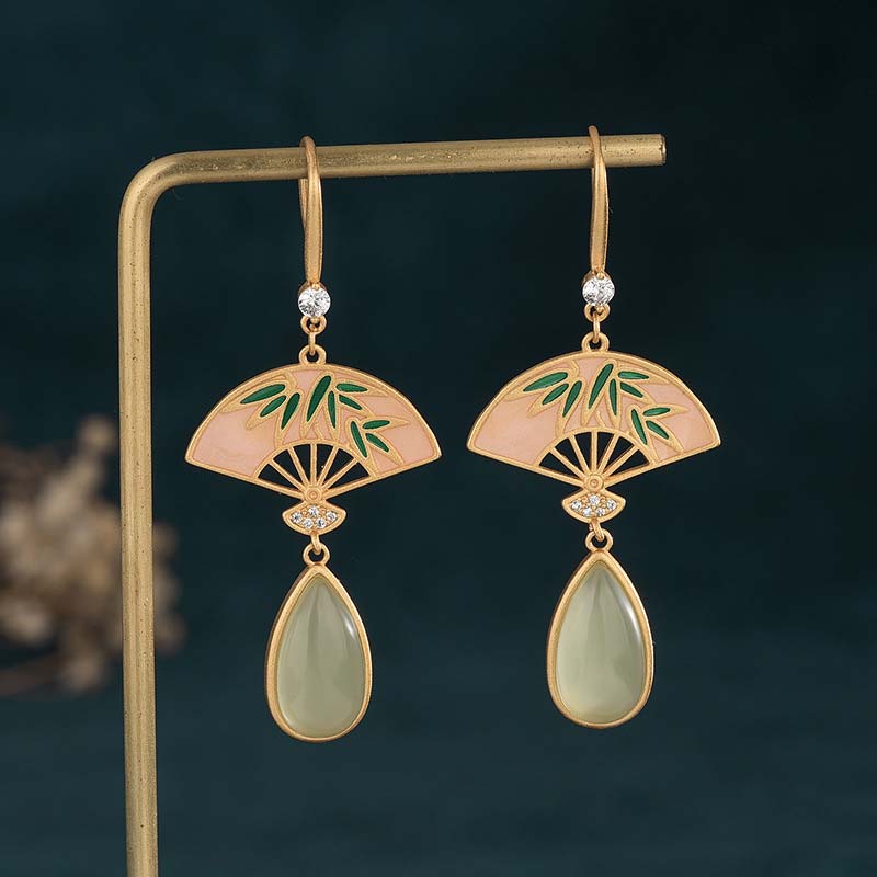 Fortune Jewel Natural Green Aventurine Fan Pattern Luck Drop Earrings