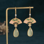 Fortune Jewel Natural Green Aventurine Fan Pattern Luck Drop Earrings