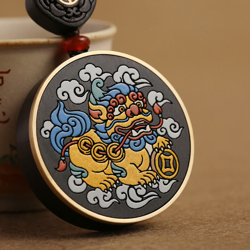 Fortune Jewel PiXiu Copper Coin Ebony Wood Luck Attract Wealth Key Chain Decoration