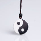 Fortune Jewel Natural Black Obsidian White Turquoise Yin Yang Fulfilment Strength Necklace Pendant