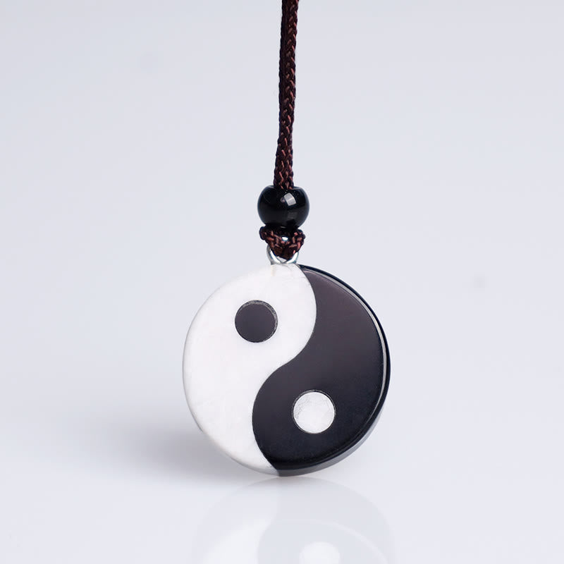 Fortune Jewel Natural Black Obsidian White Turquoise Yin Yang Fulfilment Strength Necklace Pendant
