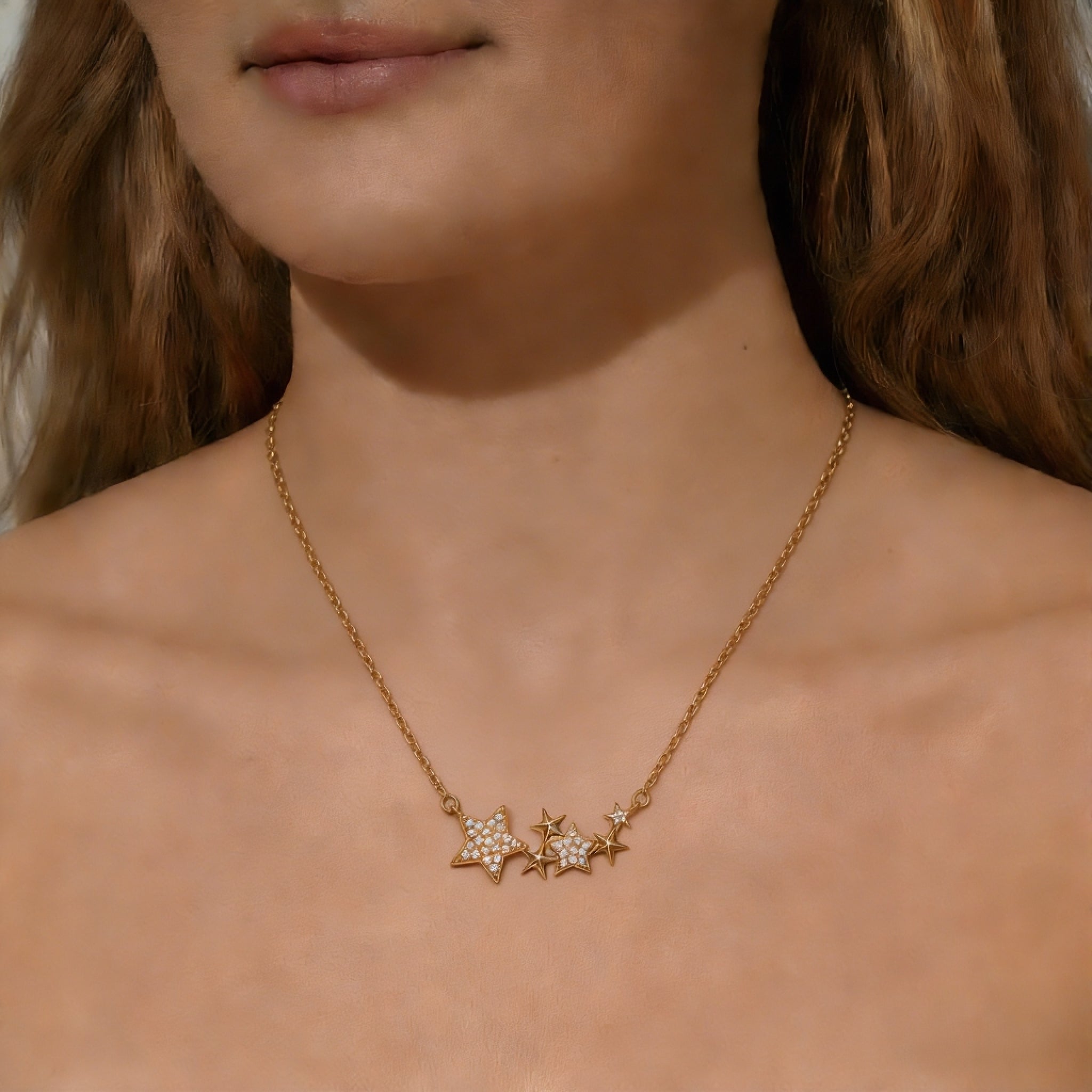 Gold-Plated Cubic Zirconia Starry Sky Pentagram Clavicle Necklace for Women