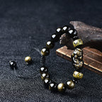 Fortune Jewel Natural Gold Sheen Obsidian PiXiu Om Mani Padme Hum Wealth Braided Bracelet