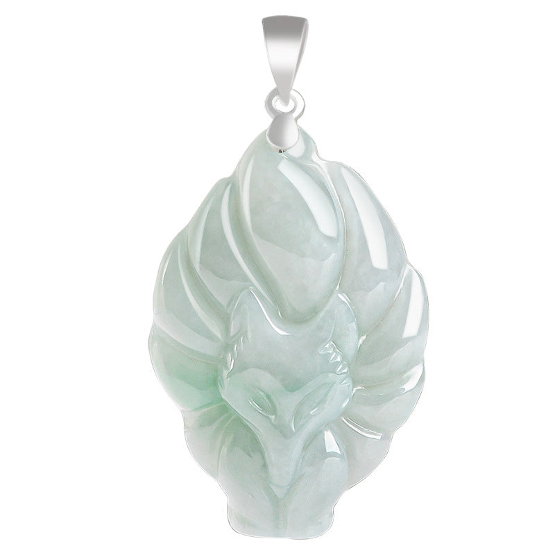 Fortune Jewel Natural Jade Nine Tailed Fox Prosperity Titanium Steel Chain Necklace Pendant