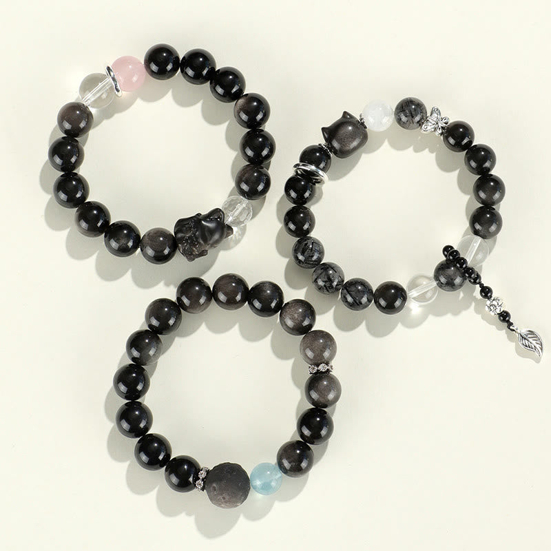 Fortune Jewel Natural Silver Sheen Obsidian Cat Head Fox Planet Protection Bracelet