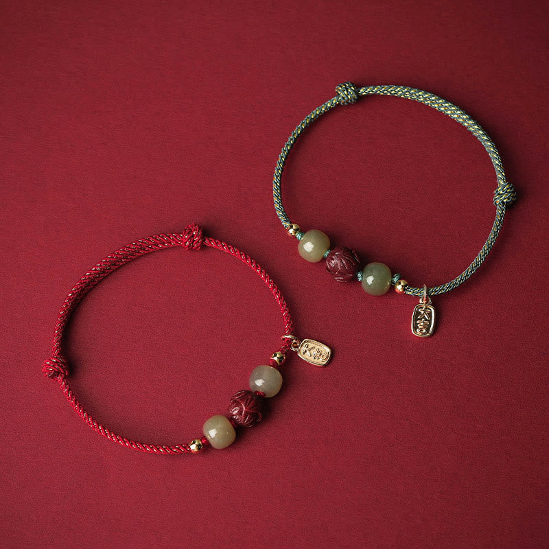 Fortune Jewel 14K Gold Plated Hetian Jade Cinnabar Lotus Luck Handcrafted Rope Bracelet