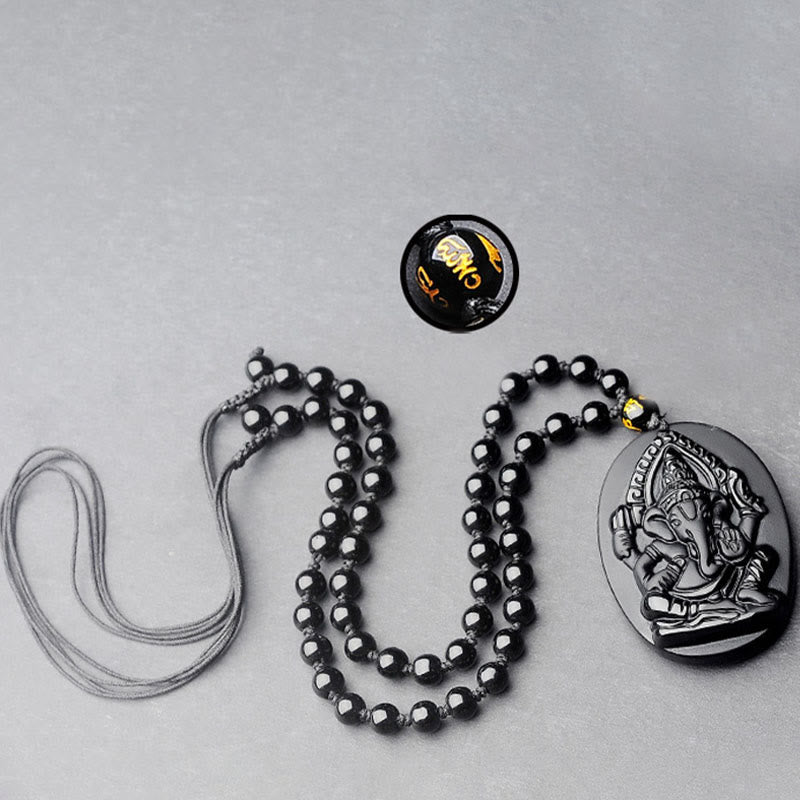 Fortune Jewel Tibetan Obsidian Ganesh Ganpati Elephant Wealth Amulet Necklace
