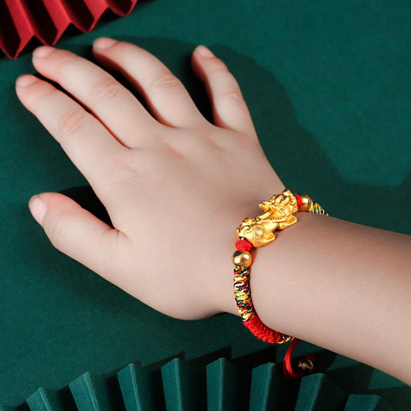 Fortune Jewel 999 Sterling Silver PiXiu Wealth King Kong Knot String Braided Kids Child Bracelet