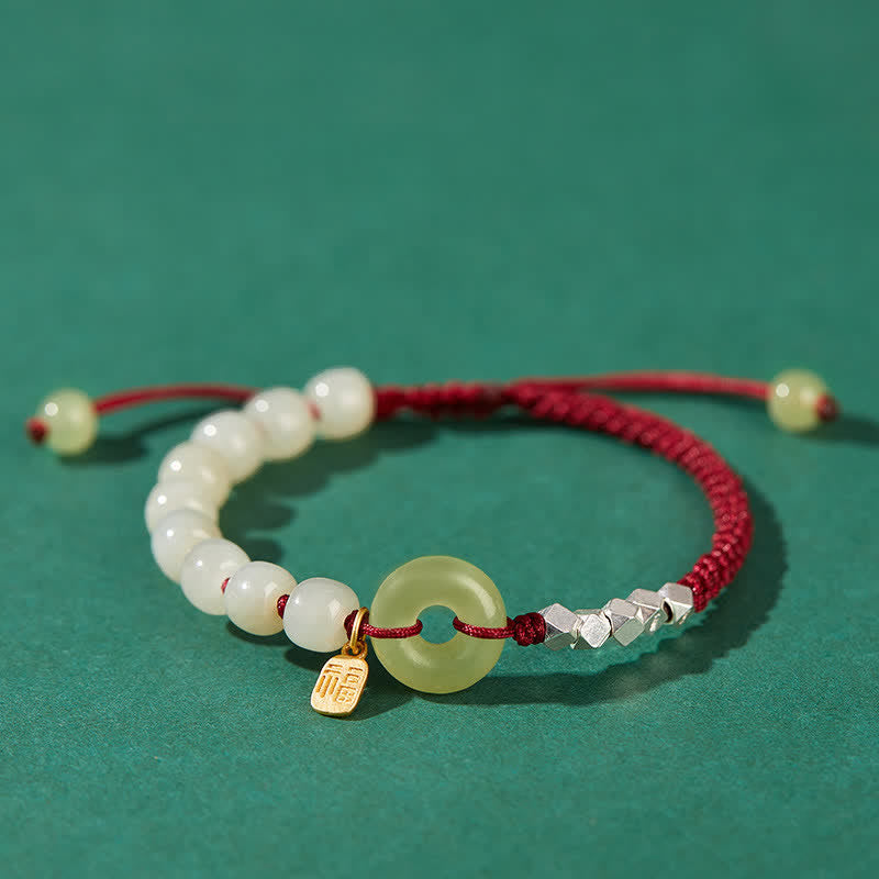 Fortune Jewel 925 Sterling Silver Hetian Jade Peace Buckle Beaded Luck Happiness Charm Bracelet