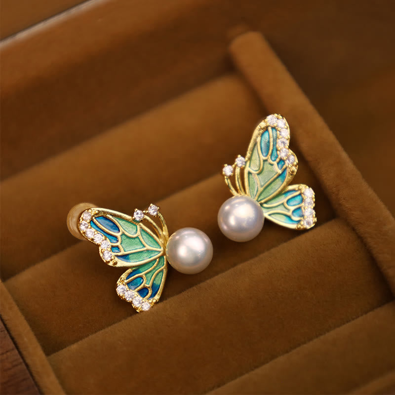 Fortune Jewel 925 Sterling Silver Posts 18K Gold Plated Copper Natural Pearl Butterfly Healing Stud Earrings