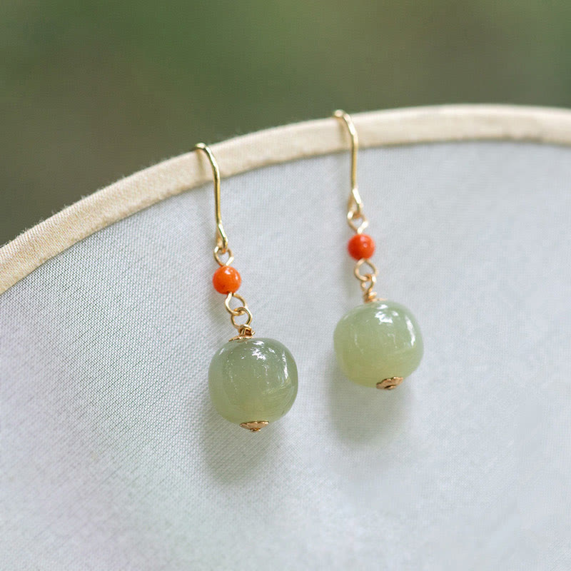 Fortune Jewel 925 Sterling Silver Plated 14k Gold Hetian Jade Red Agate Luck Drop Dangle Earrings