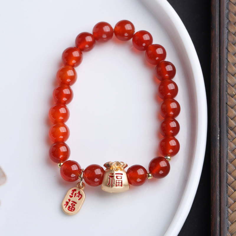 Fortune Jewel Natural White Agate Red Agate Money Bag Fu Character Four Leaf Clover Protection Bracelet