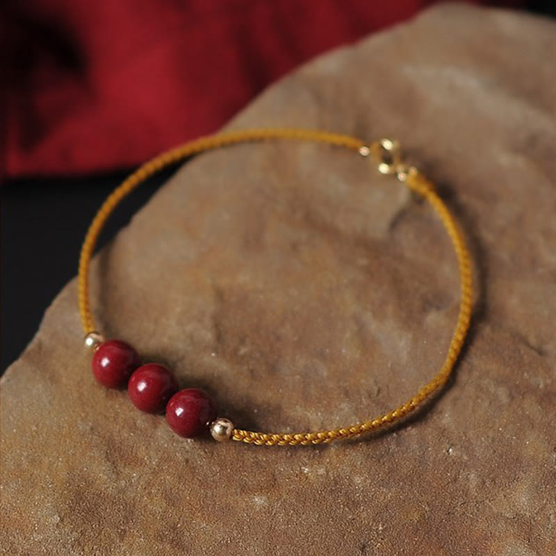 Fortune Jewel 14K Gold Plated Natural Cinnabar Blessing String Braided Bracelet